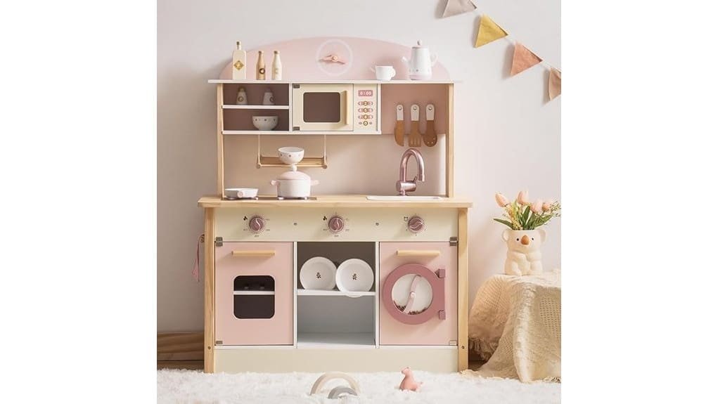 pink wooden play kitchen