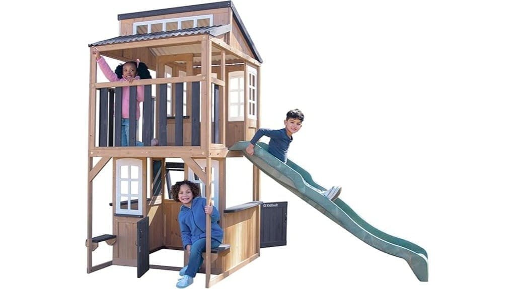 two story wooden outdoor playhouse