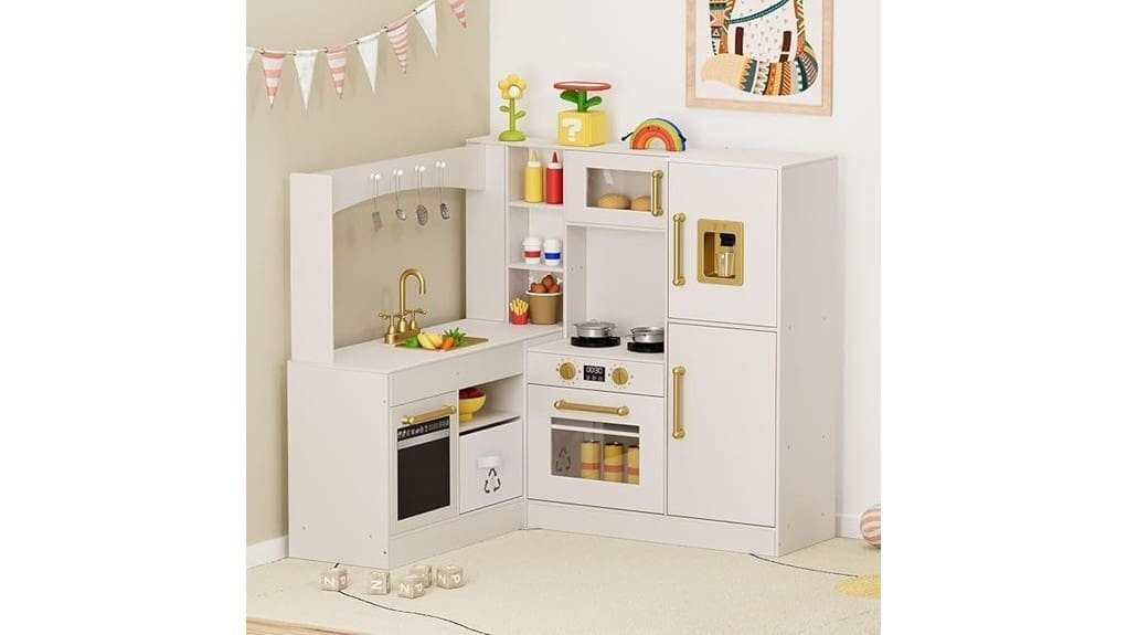 wooden play kitchen with accessories