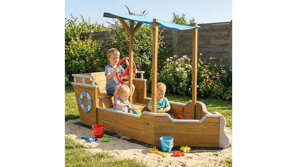 wooden ship shaped sandbox with storage