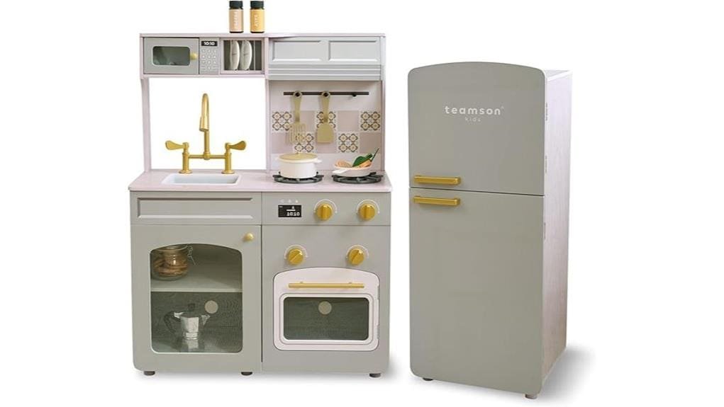 wooden play kitchen with accessories